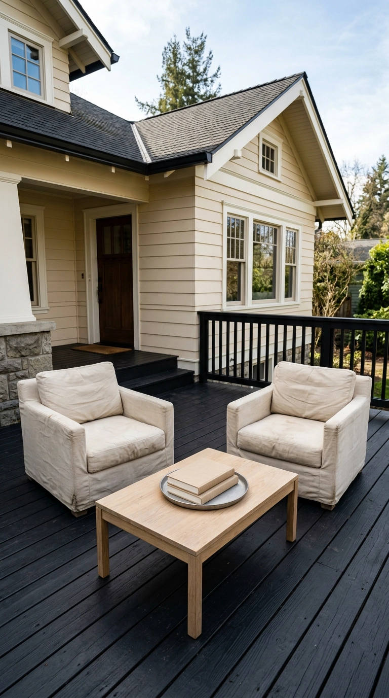 Cream outdoor armchairs floated off a black deck railing around a low oak table