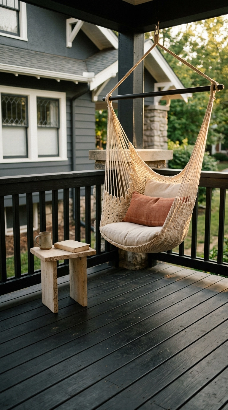 Cream woven rope hanging chair in the corner of a black deck in golden morning light