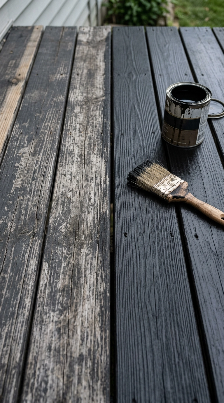 Black deck boards half weathered and chalky, half freshly restained deep satin black