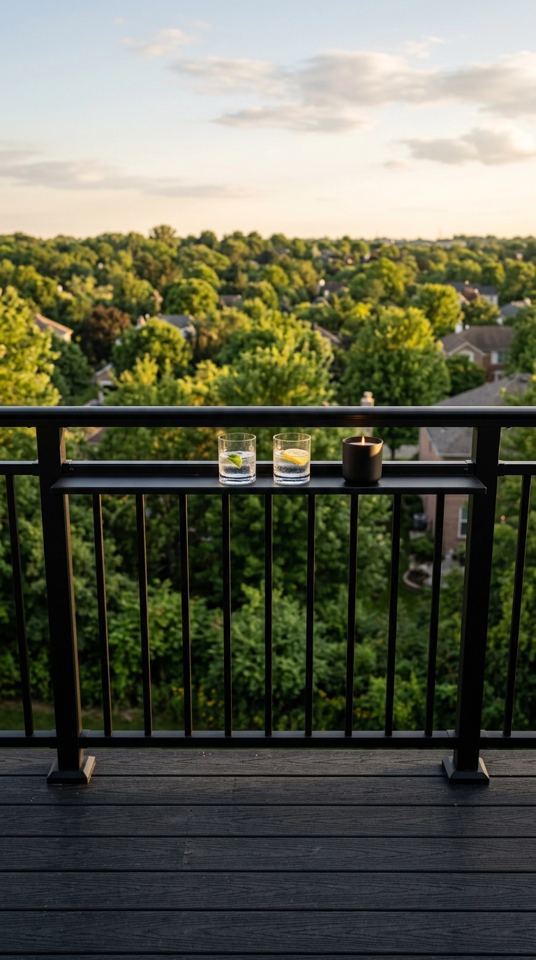 Narrow black drink rail on a deck railing with two glasses and a candle at evening