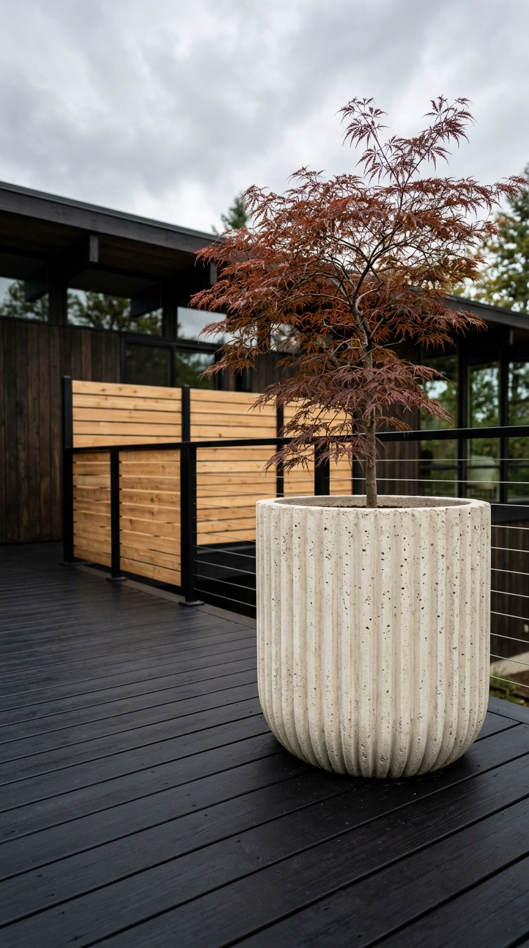 Oversized pale ribbed concrete planter with a Japanese maple on an empty black deck