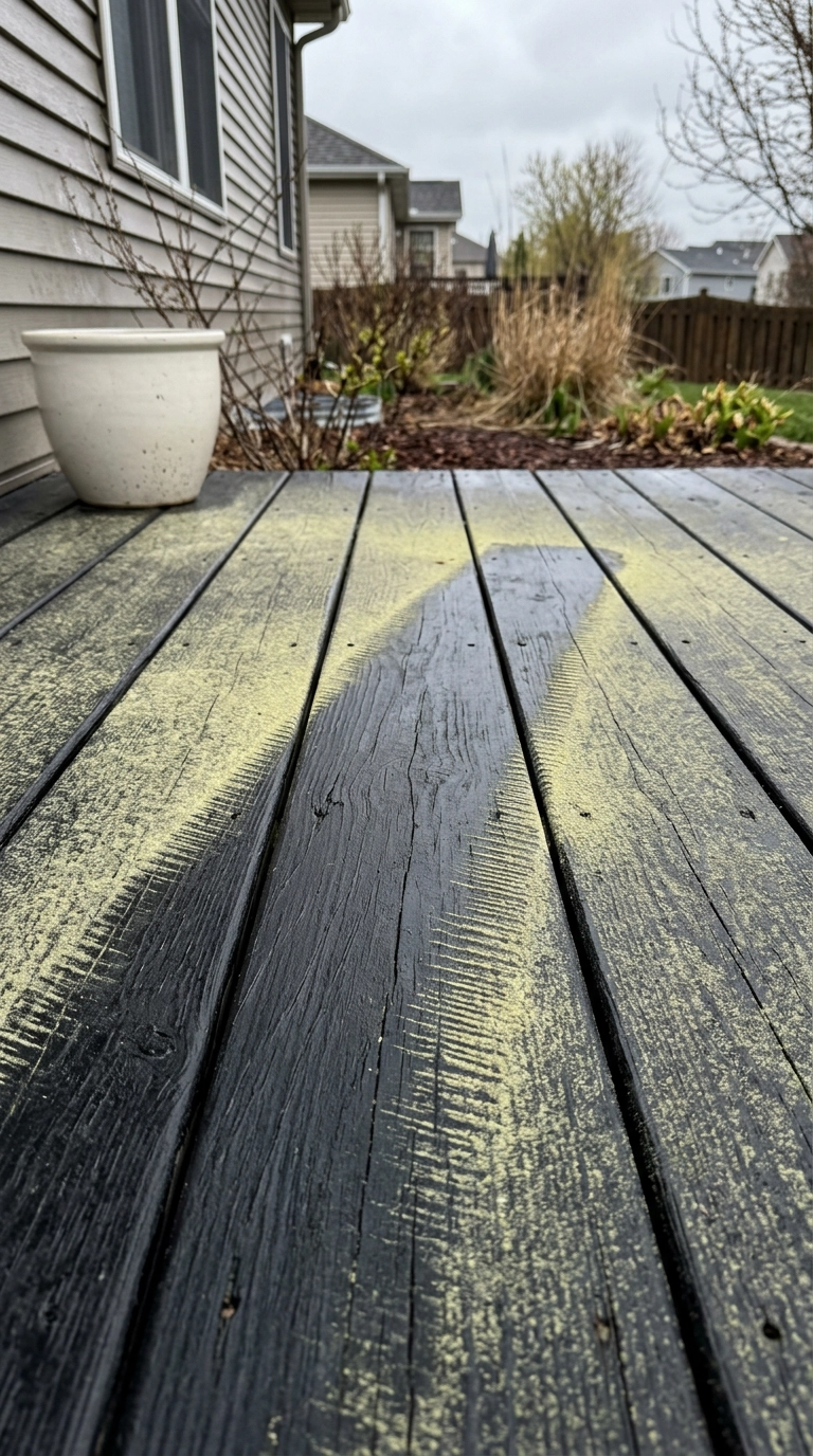 Pollen dust film on black deck boards with one clean swept path through the middle