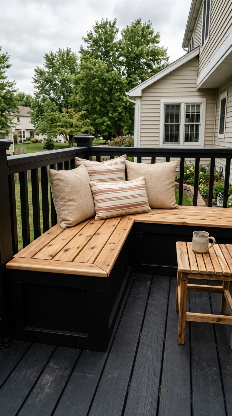 Corner built-in cedar bench with black base and storage lid on a black deck