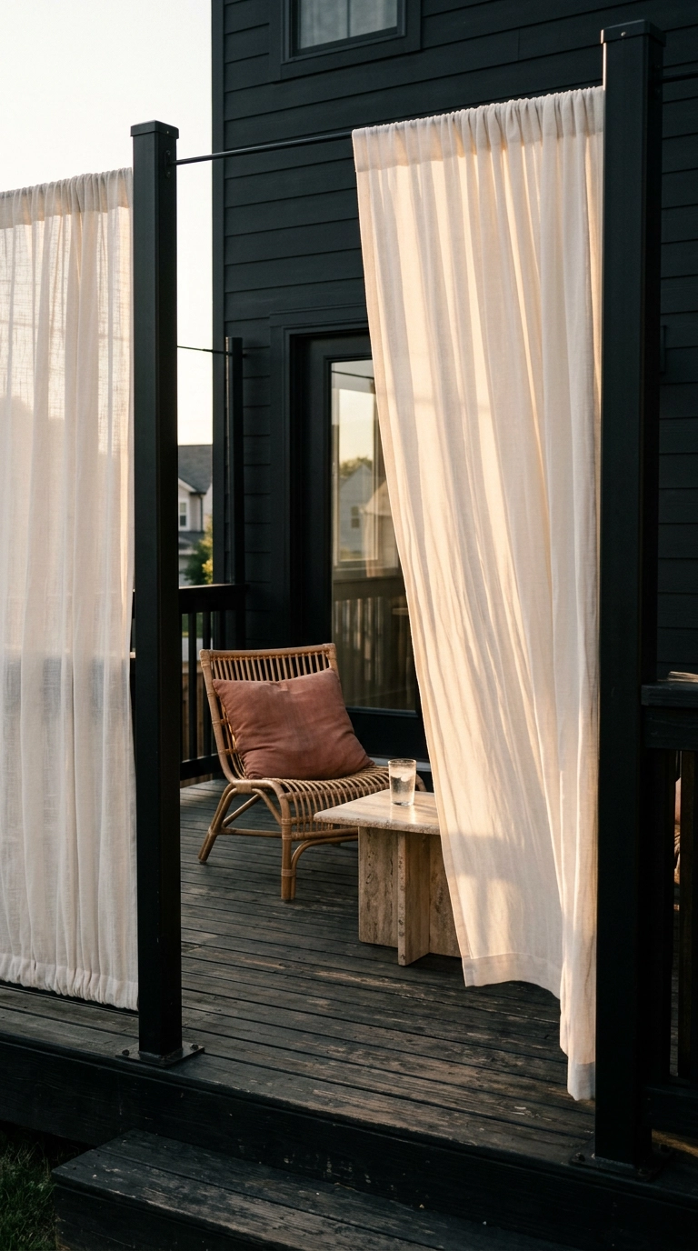 Bone-white outdoor curtains on a black deck backlit by late afternoon sun