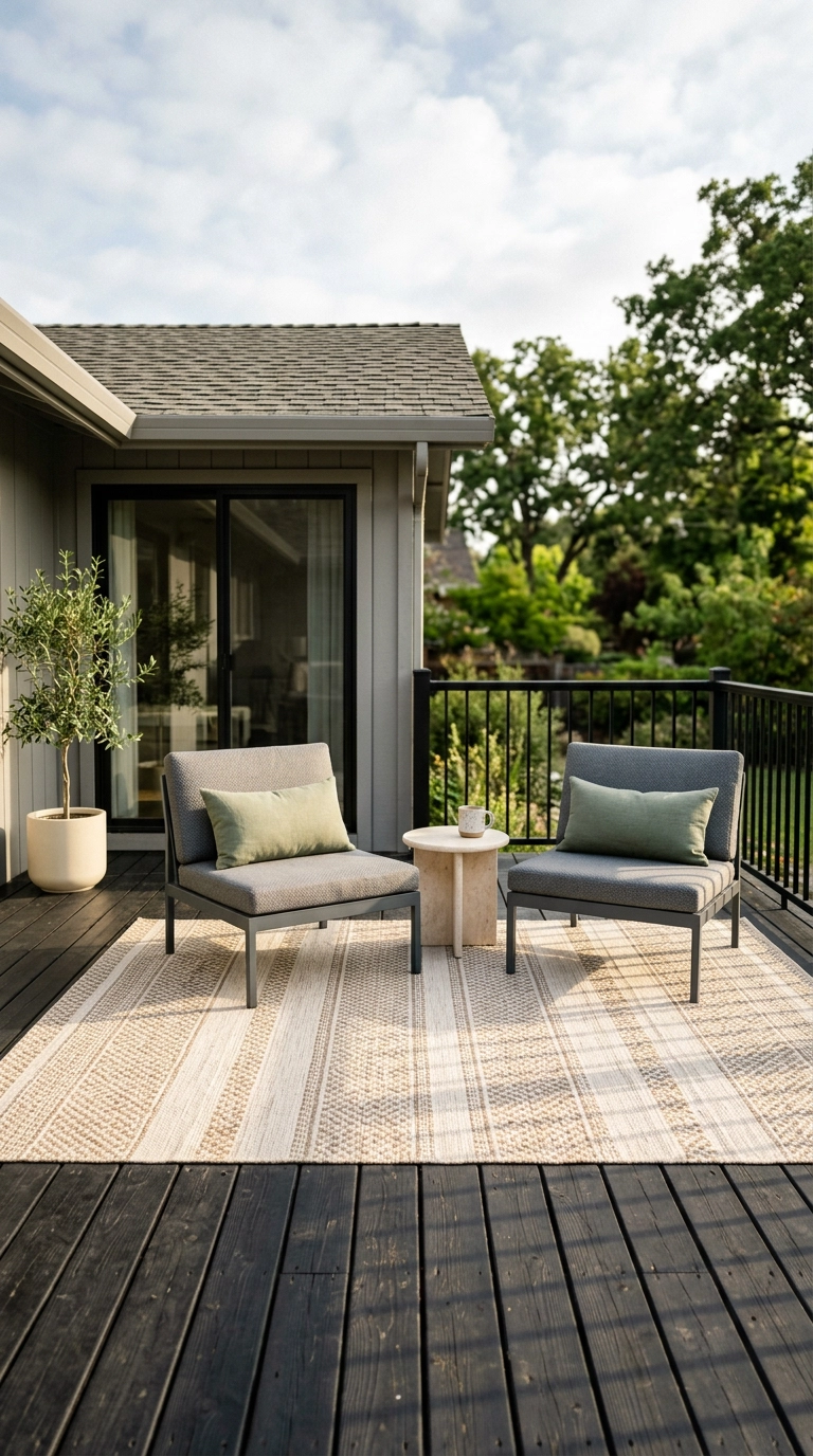 Ivory flatweave outdoor rug centered on a black deck with grey lounge chairs in morning light