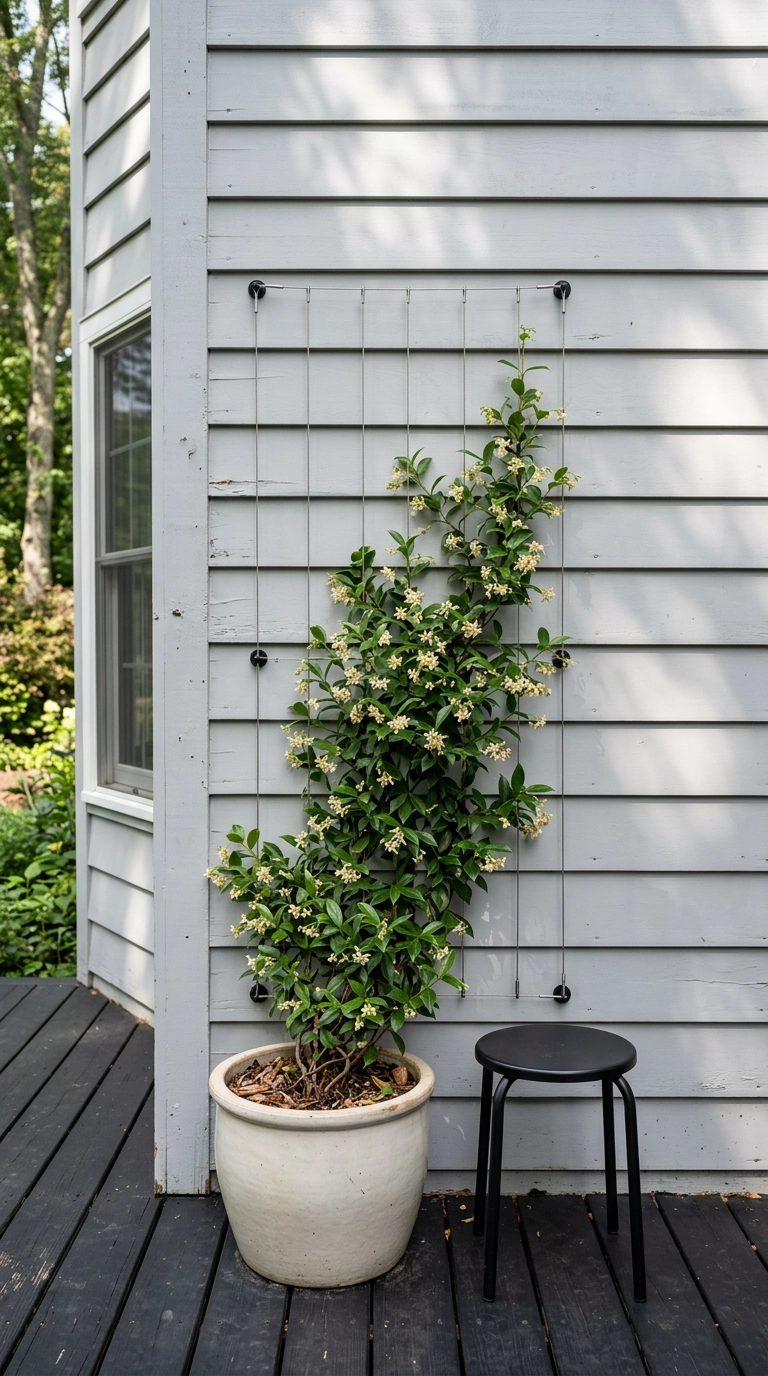 Star jasmine climbing a wire trellis on a pale wall beside a black deck