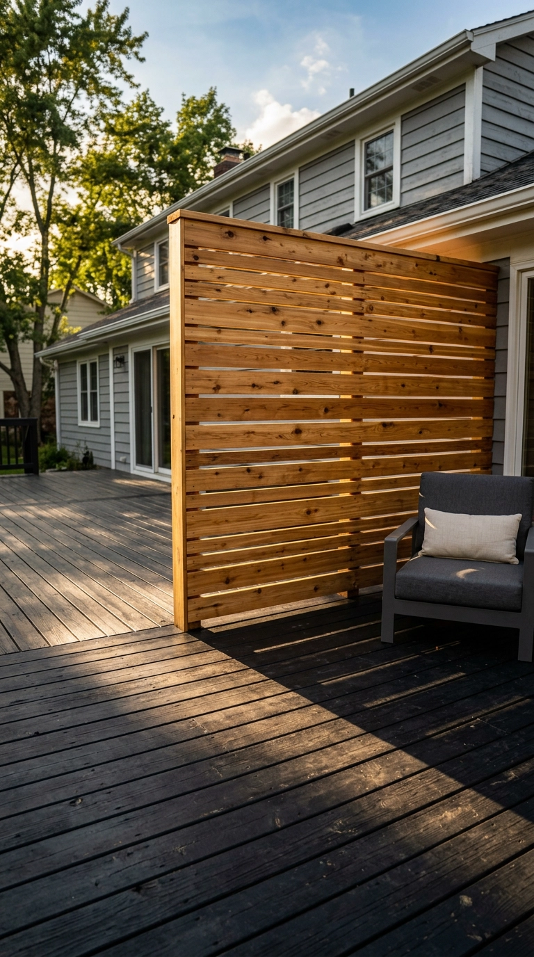 Natural cedar horizontal slat privacy screen casting striped shadows on a black deck