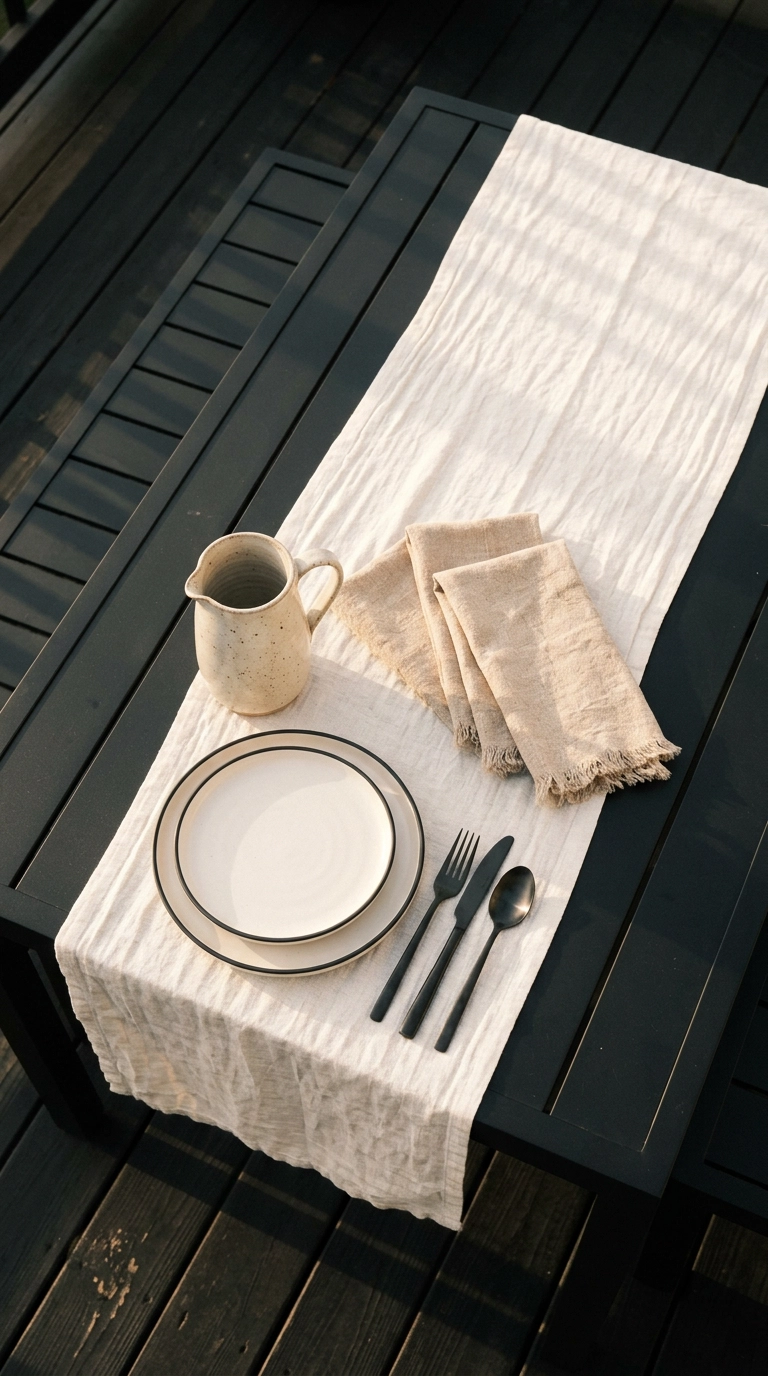 Overhead flat lay of a black outdoor dining table with bone-white linens and clay dinnerware