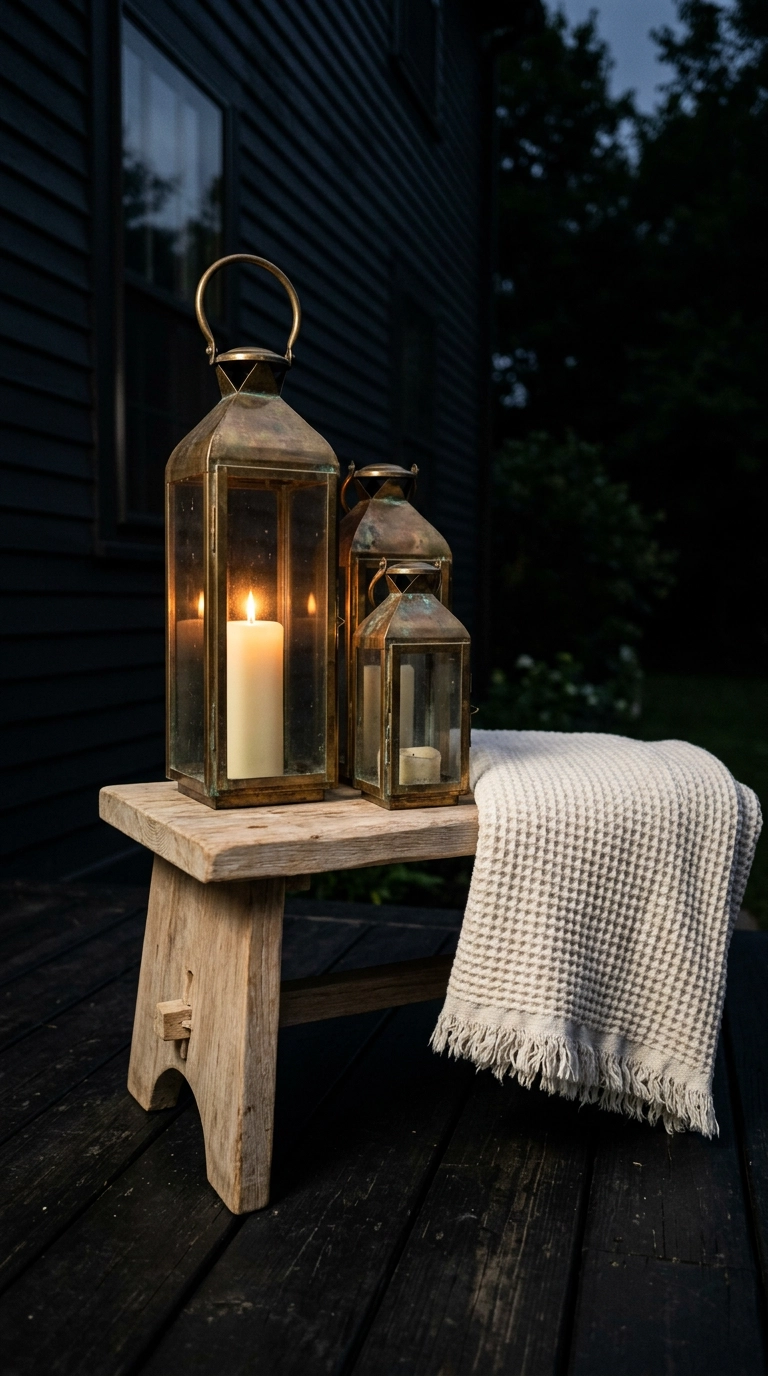 Three brass candle lanterns at staggered heights on a black deck at night