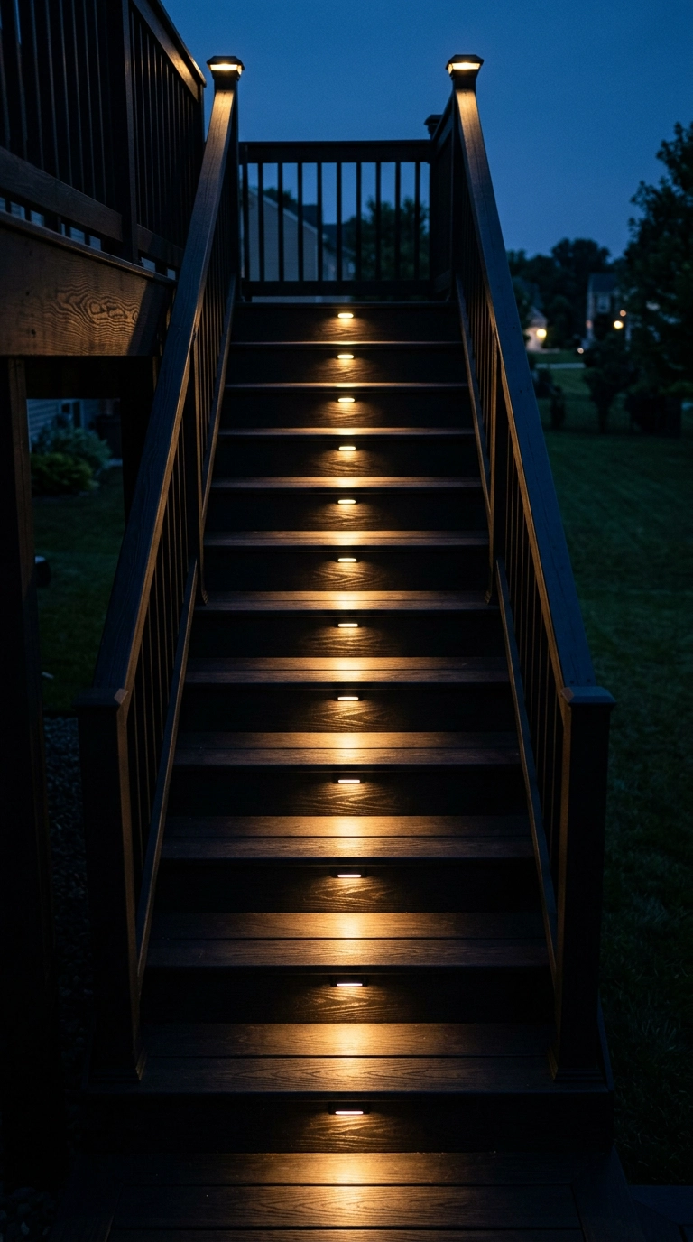Warm recessed riser lights glowing down the treads of black deck stairs at dusk