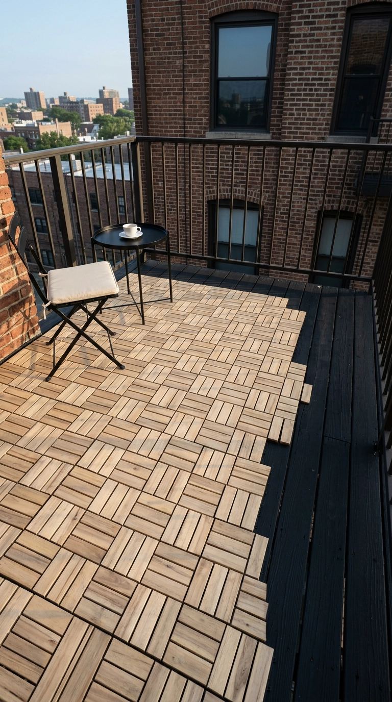 Pale acacia interlocking deck tiles laid over black deck boards with a black bistro set