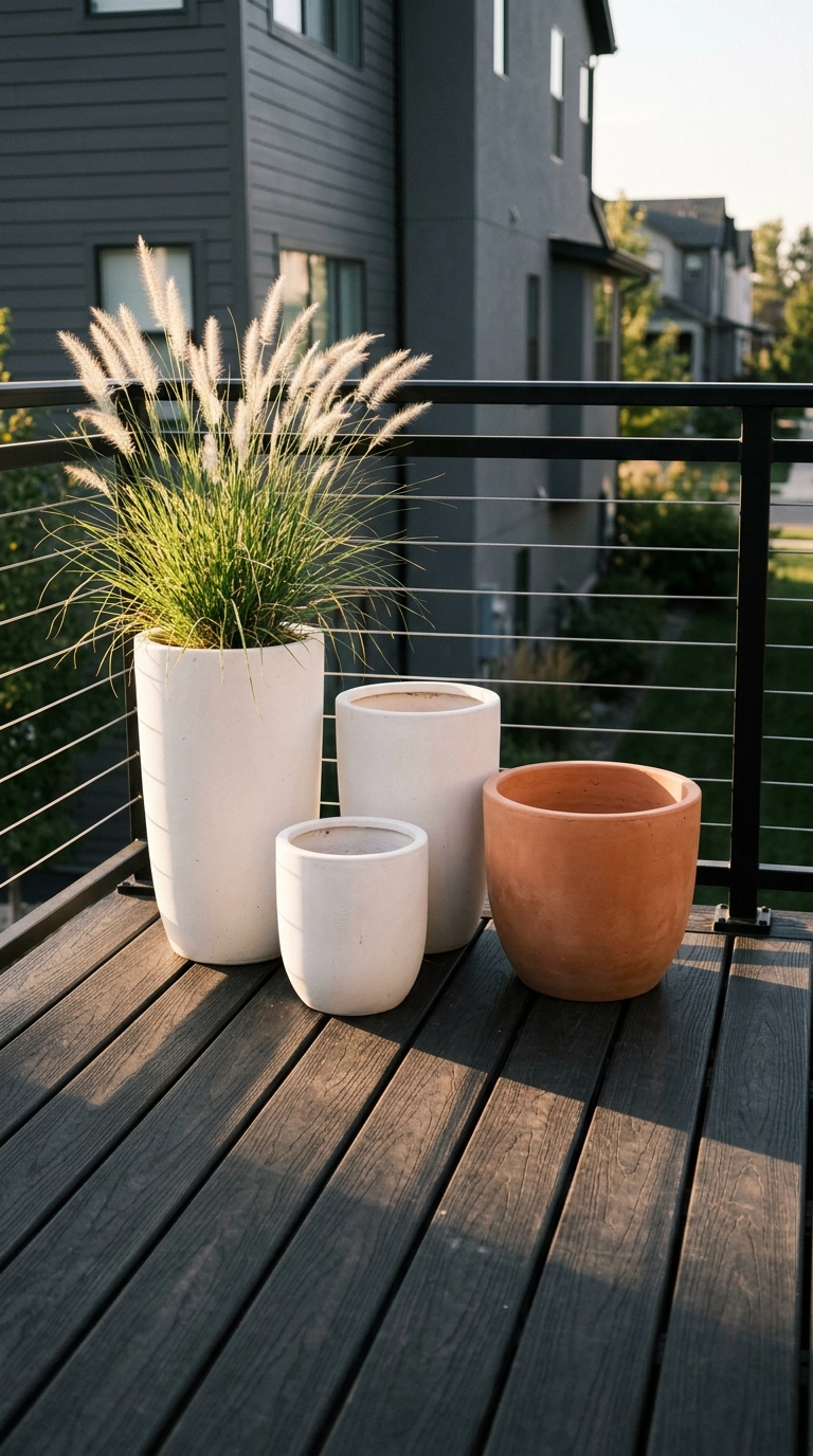 Chalk-white and terracotta planters grouped in the corner of a black deck