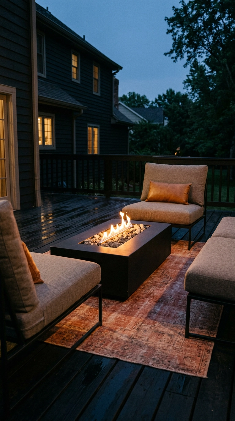 Matte black concrete fire table glowing on a black deck at blue hour