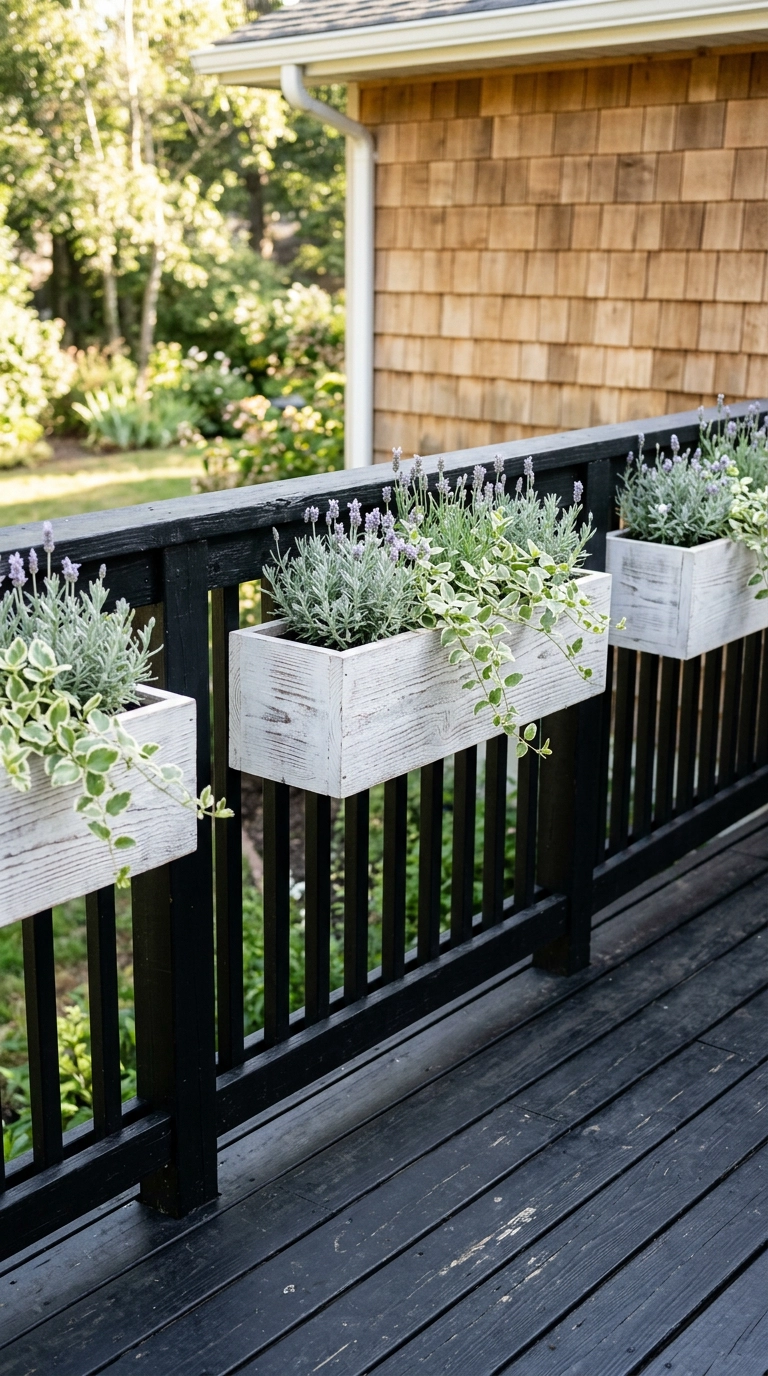 Whitewashed cedar planter boxes mounted along a black deck railing with lavender