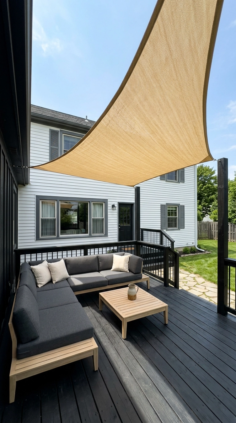 Sand-colored triangular shade sail over a black deck with a charcoal sectional beneath