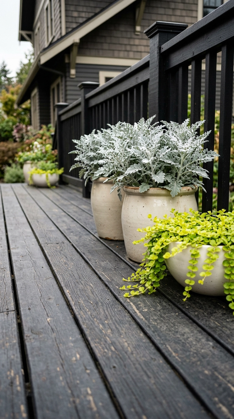 Silver dusty miller and chartreuse creeping jenny in pale pots along a black deck edge