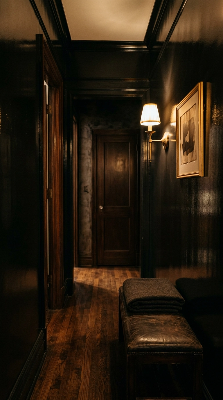 High-gloss black lacquered walls in a small windowless hallway with brass sconce