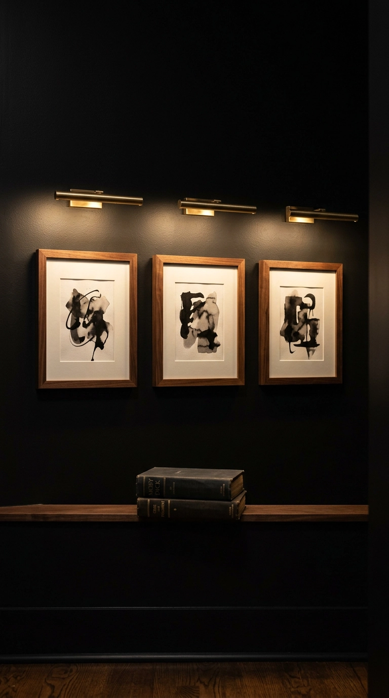 Brass picture lights over small framed art on a satin black hallway wall