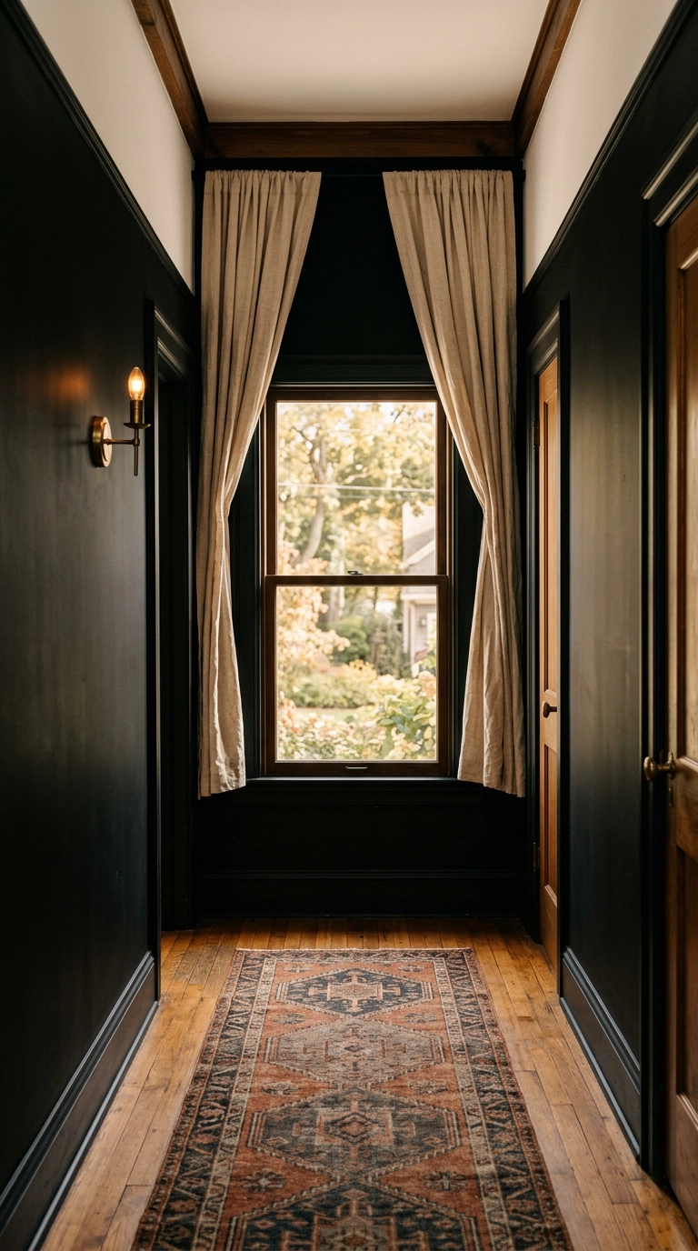 Black hallway with matte black walls framing a bright window at the far end