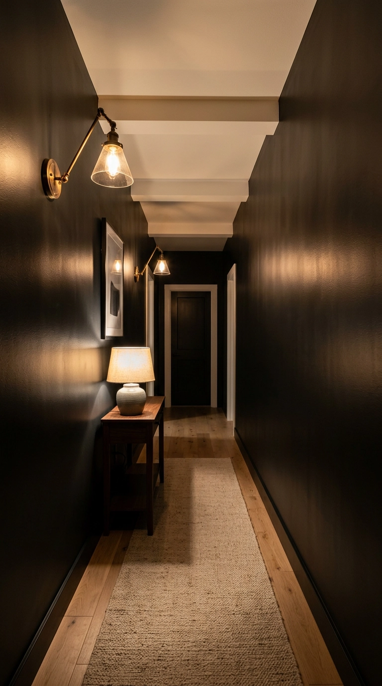 Windowless black hallway in satin sheen paint with layered brass sconce lighting