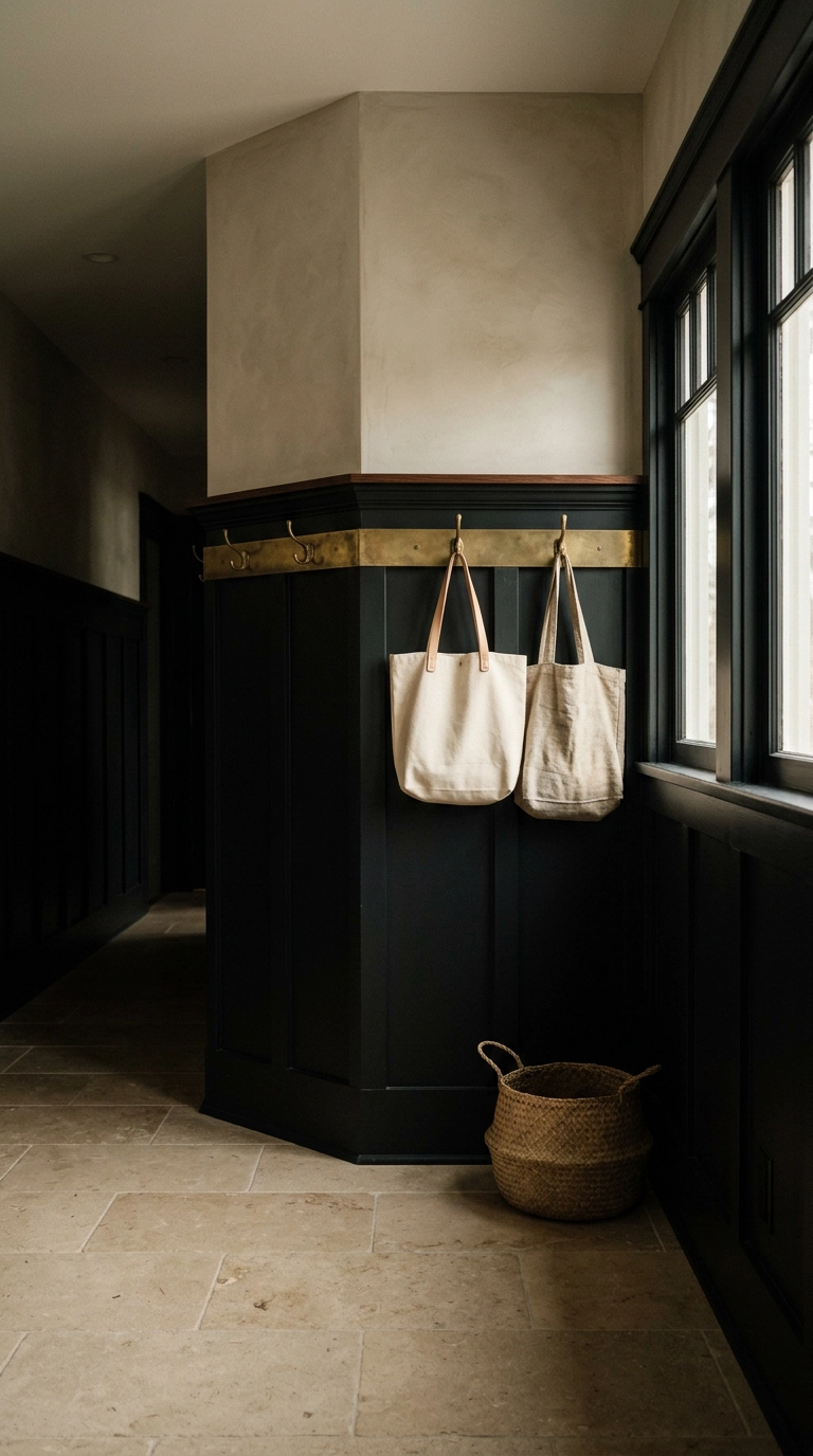 Black board and batten wainscot below greige upper walls in a bungalow hallway