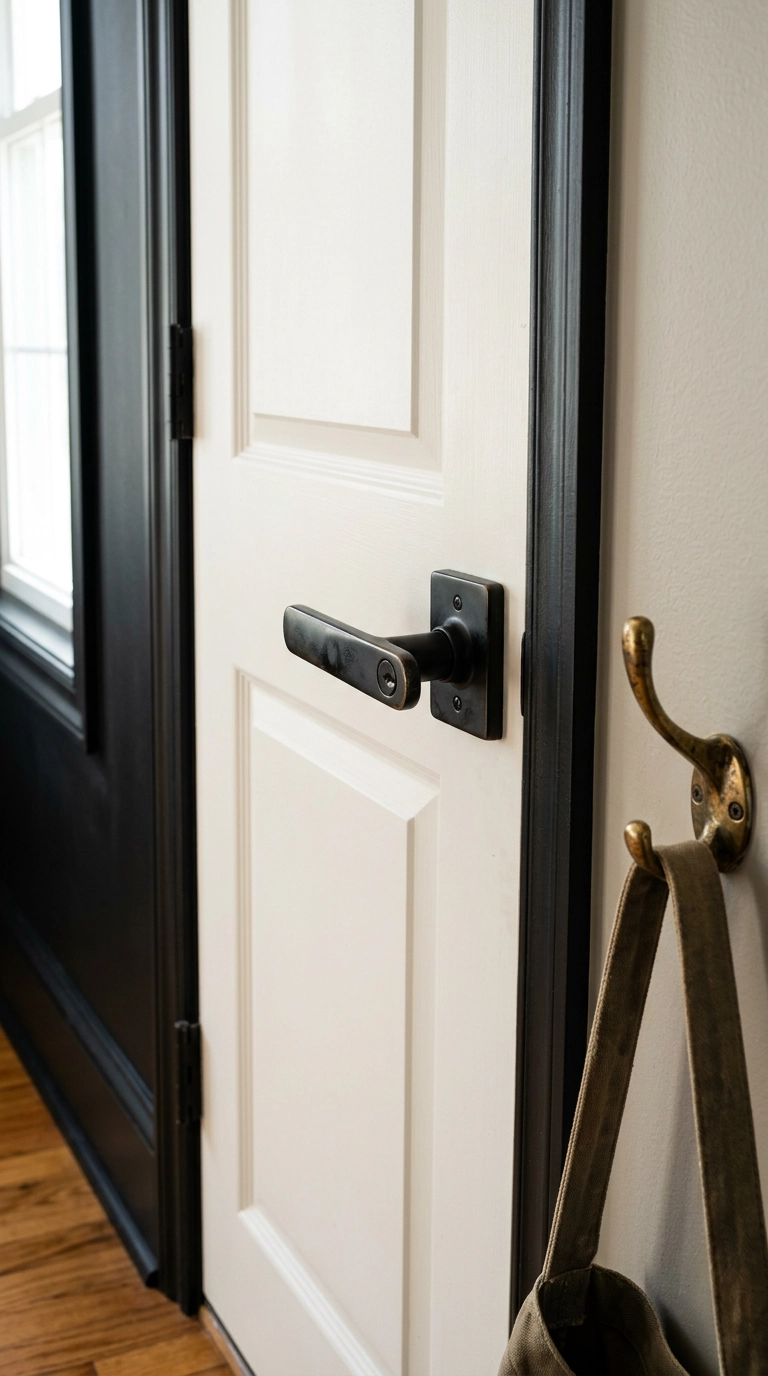 Matte black lever handle and hinges on a hallway door