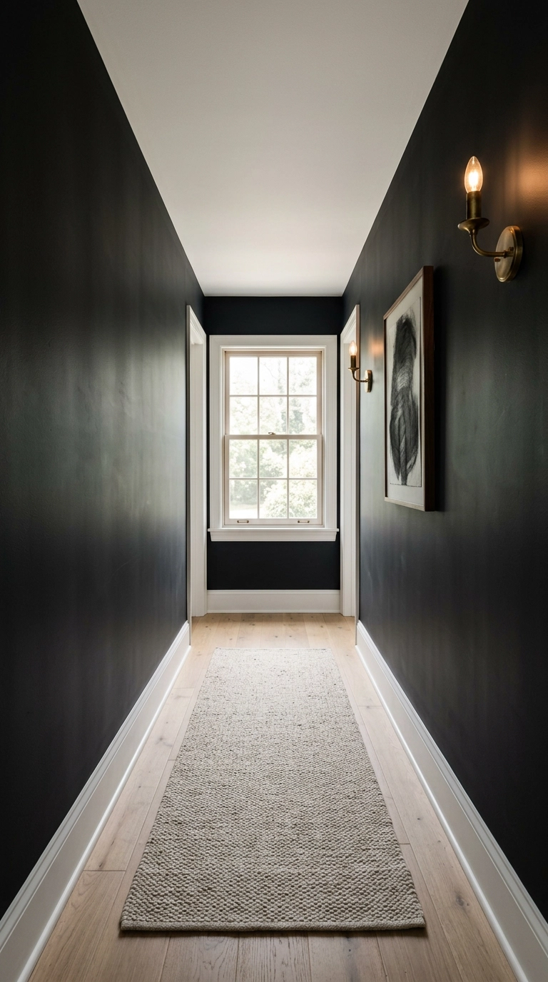 Narrow black hallway with matte black walls, white ceiling, oak floors and brass sconces