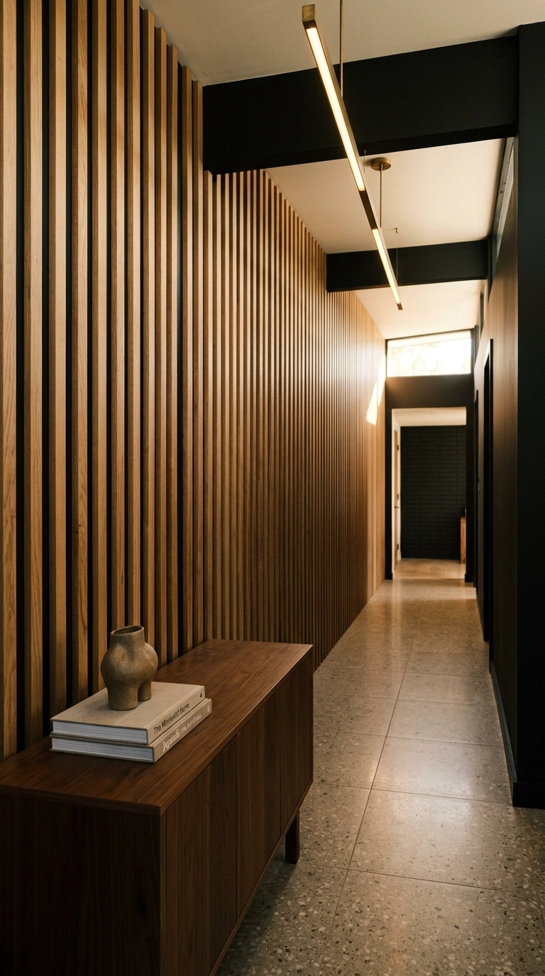 White oak slat wall over black backing in a mid-century hallway