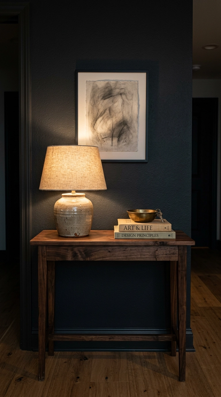 Walnut console with lamp, books and brass bowl against a black hallway wall