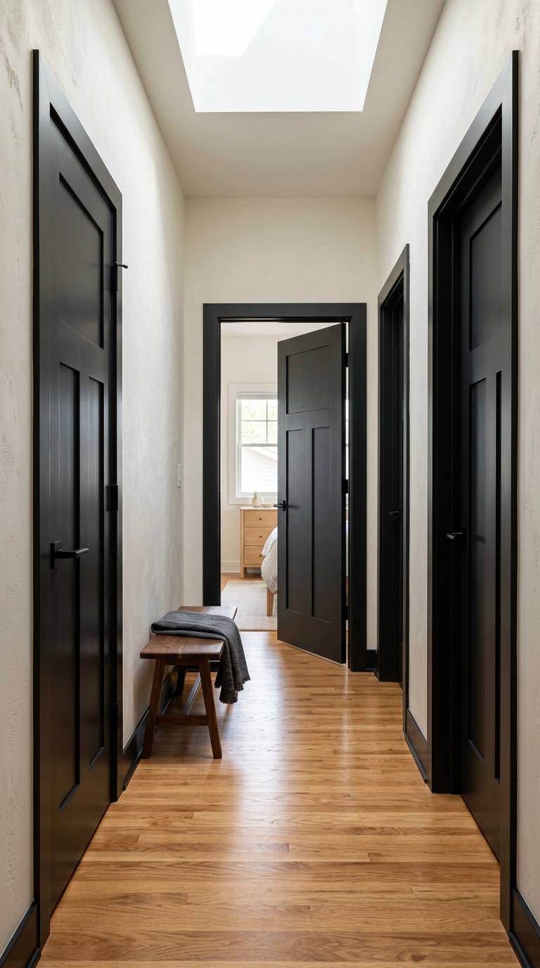 Black hallway with black painted doors and trim against pale bone-white walls