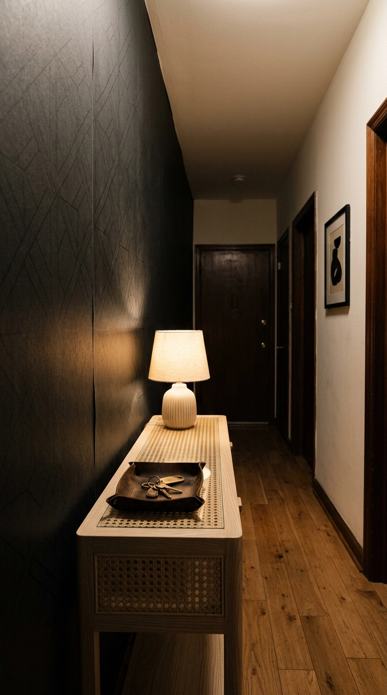 Rental black hallway with peel-and-stick black patterned wallpaper and cane console