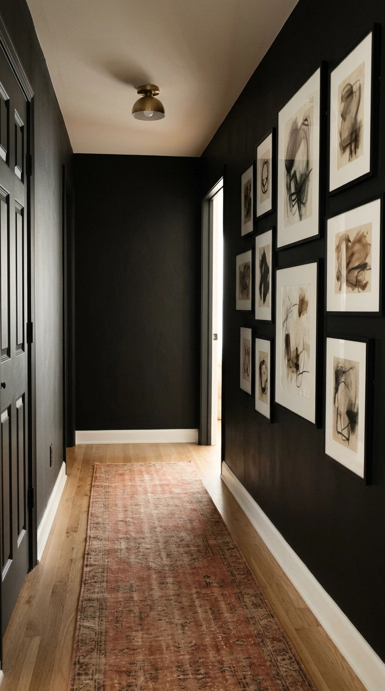 Salon-style gallery wall of framed art on a matte black hallway wall