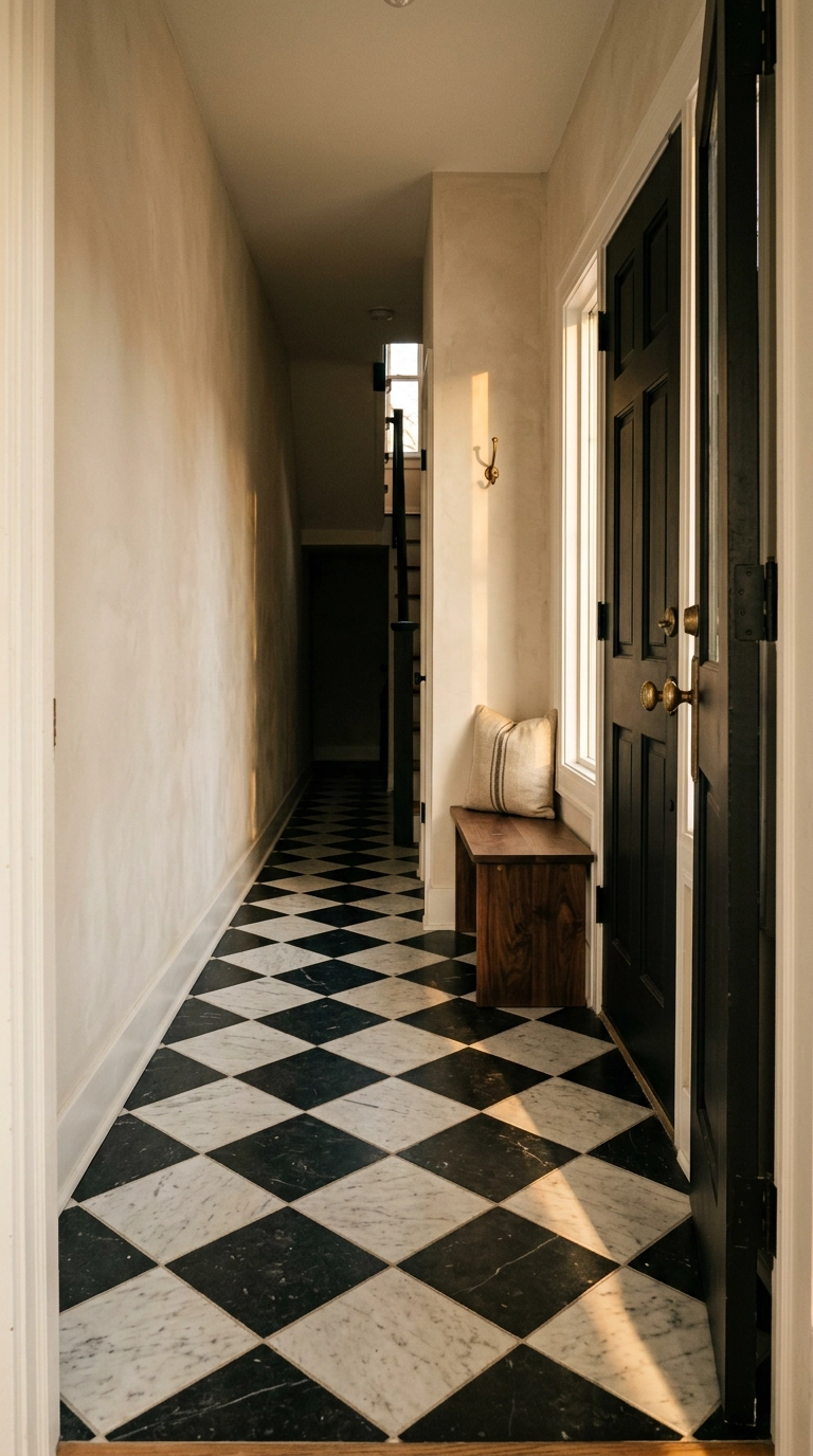 Black and white checkerboard marble floor in an entry hallway with black front door