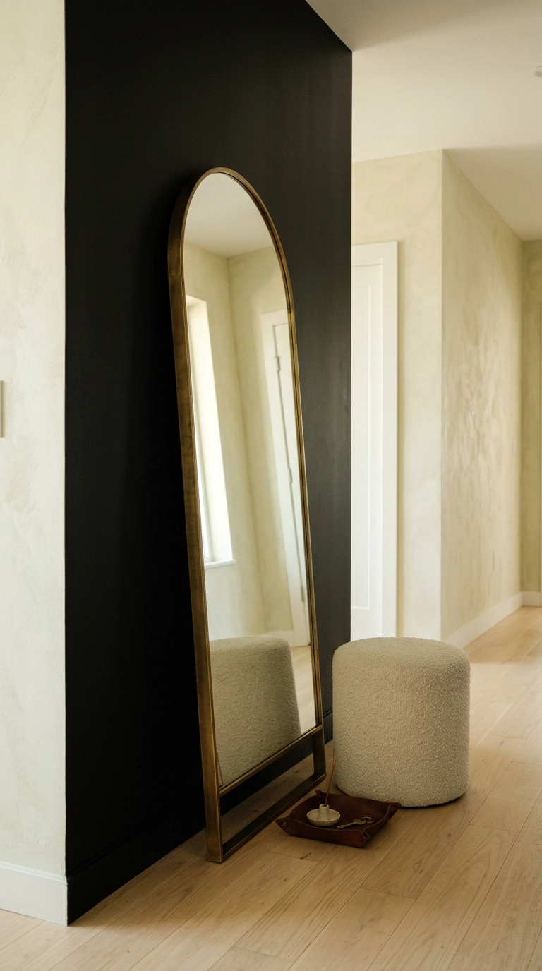 Oversized arched brass mirror leaning against a black hallway wall