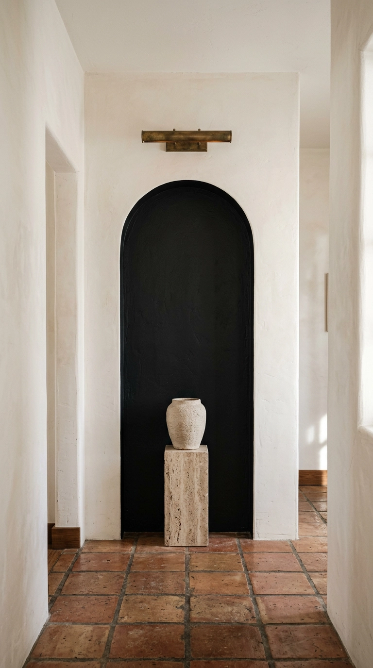 Painted black arch shape on a hallway wall with travertine pedestal