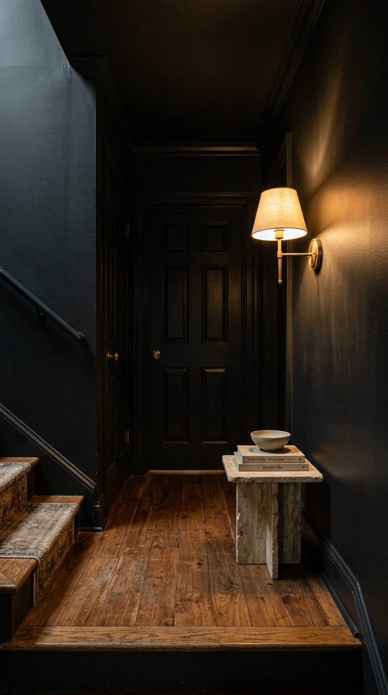 Color drenched black hallway alcove with black ceiling, trim and walnut floors