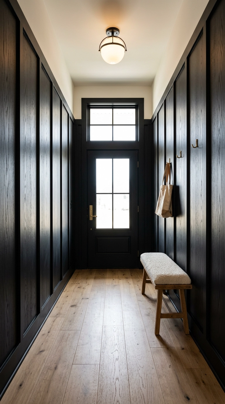 Black vertical board and batten paneling running floor to ceiling in a hallway