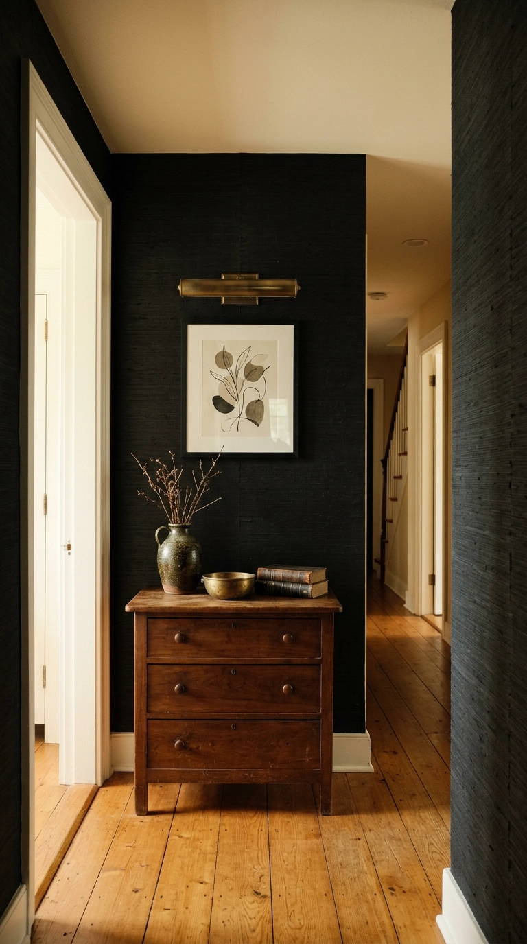 Black grasscloth wallpaper with natural fiber texture in a hallway
