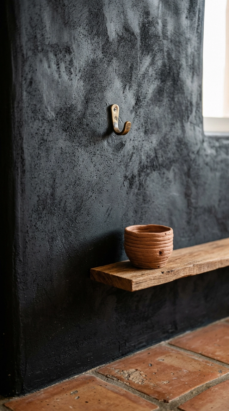 Mottled black limewash plaster texture on a hallway wall with clay vessel