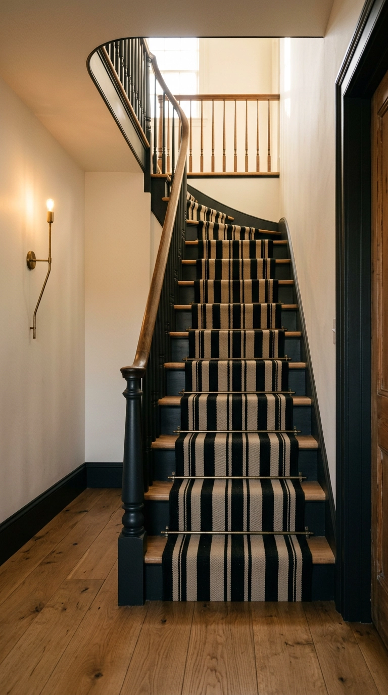 Black and flax striped stair runner with brass rods rising from a black hallway