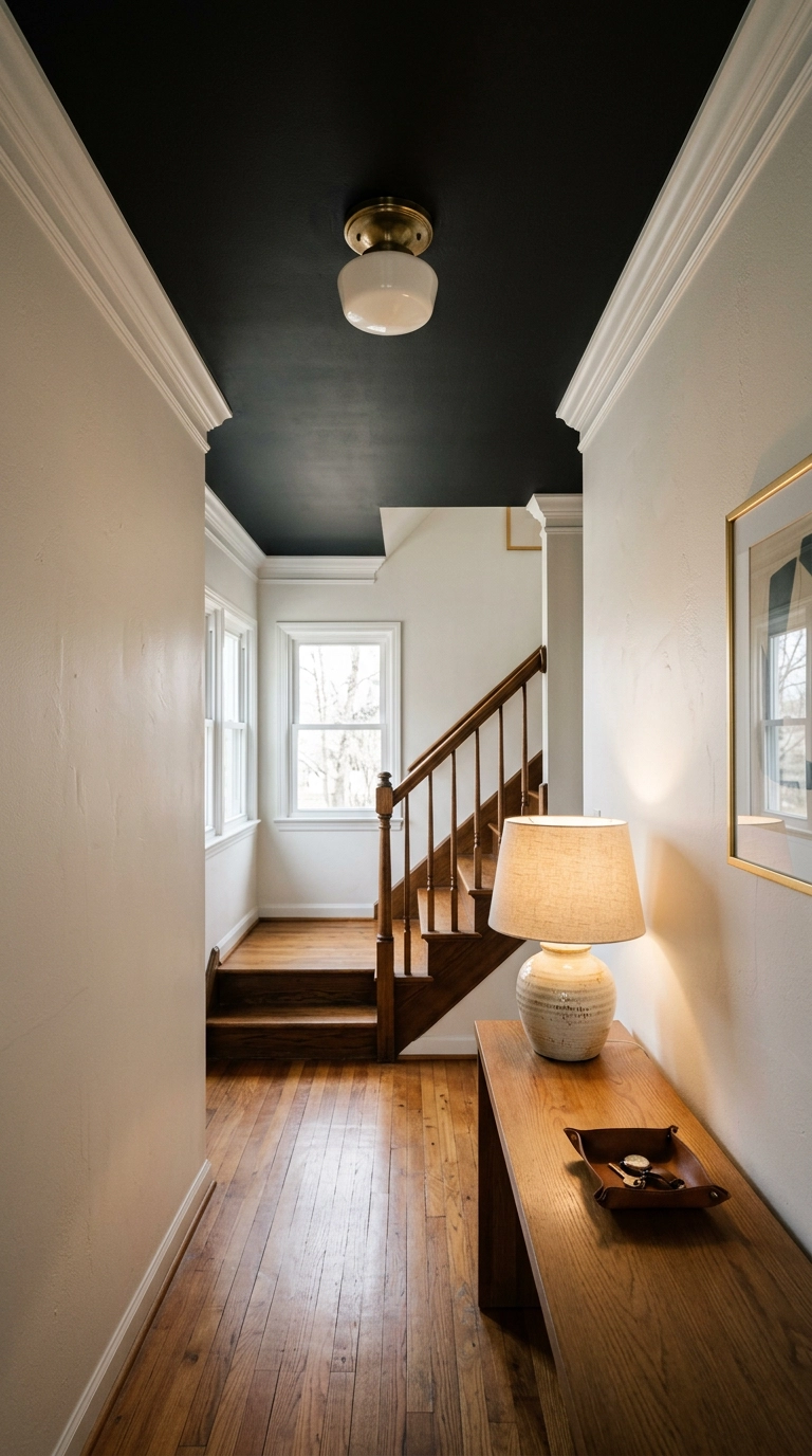 Black painted hallway ceiling with white crown molding and pale walls