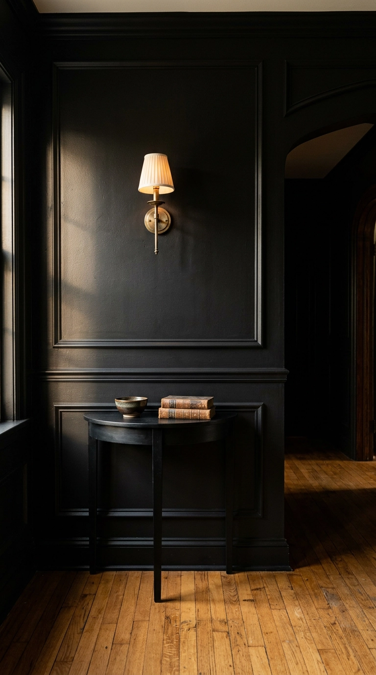 Black hallway wall with picture frame molding panels catching late afternoon light