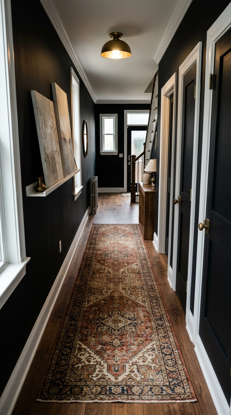Long faded rust runner rug down a black hallway with walnut floors
