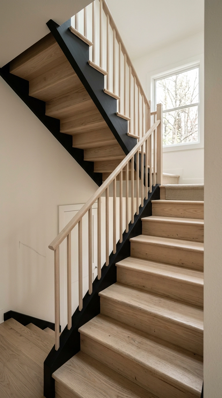 Staircase with a single black painted stringer beside pale ash treads and white walls