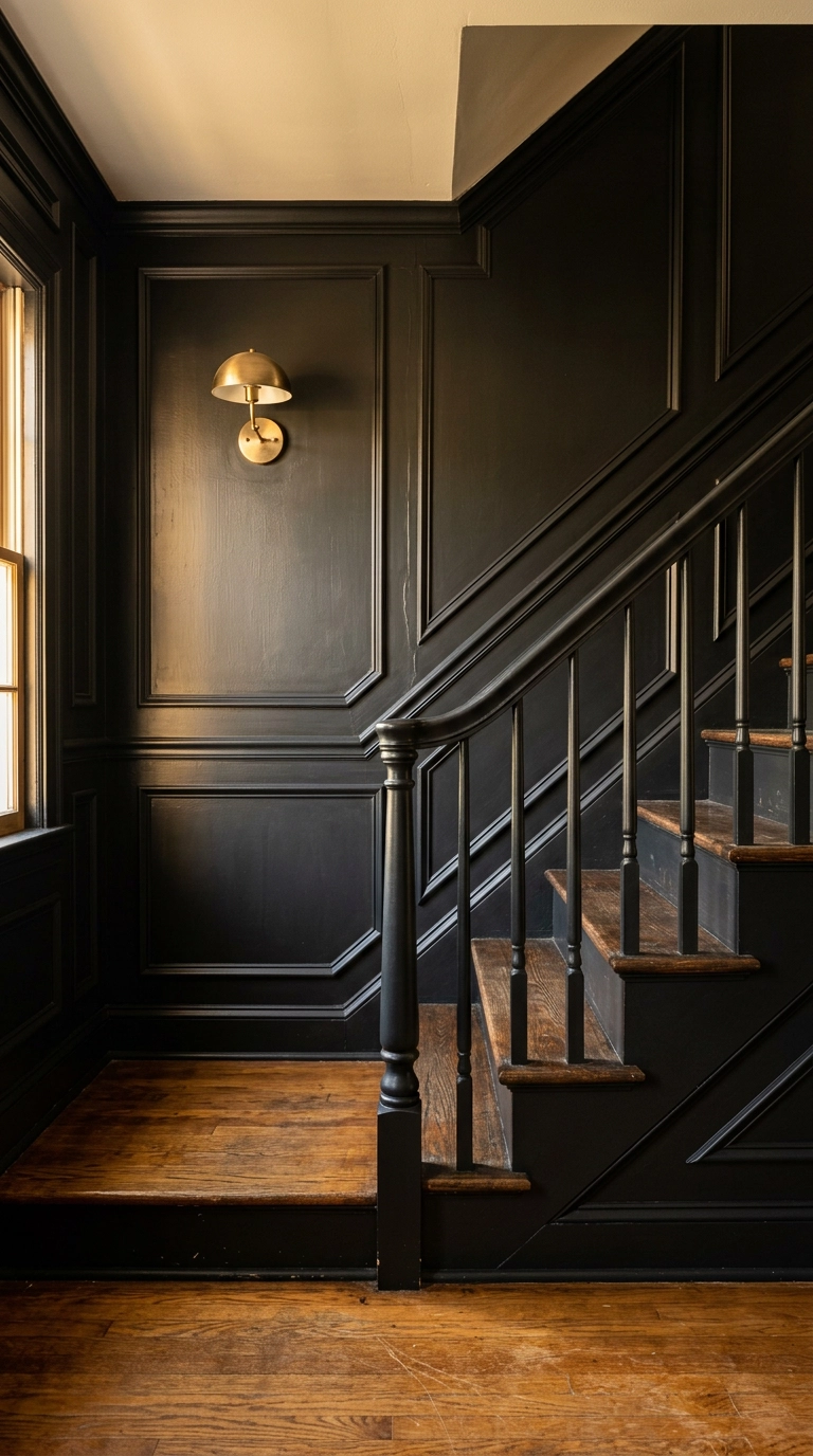 Black picture frame molding panels on a stair wall next to a black staircase