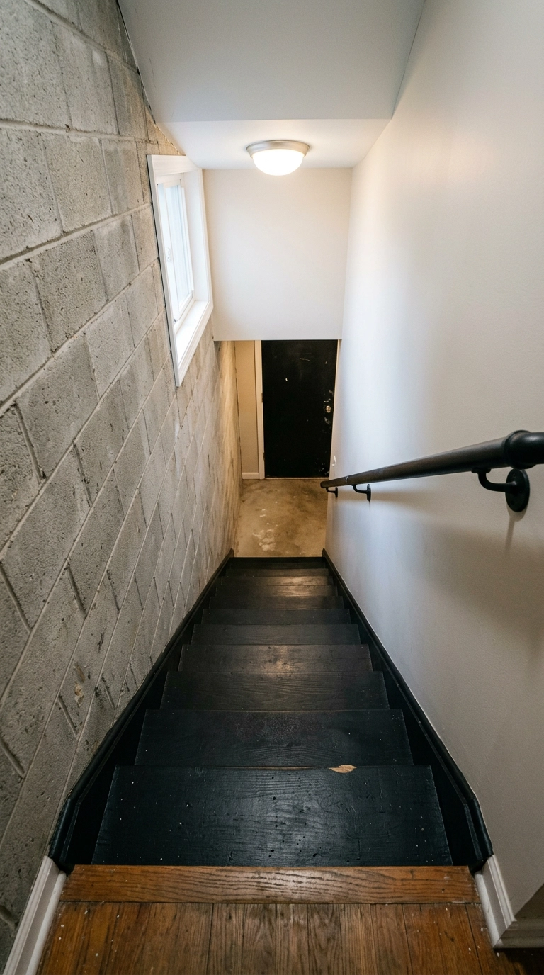 Narrow black painted basement staircase with a pipe handrail and concrete block wall
