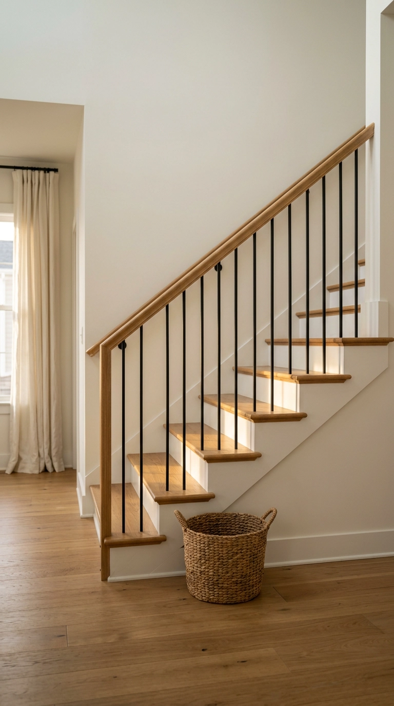 Black metal stair spindles with white risers and oak treads in a townhouse entry