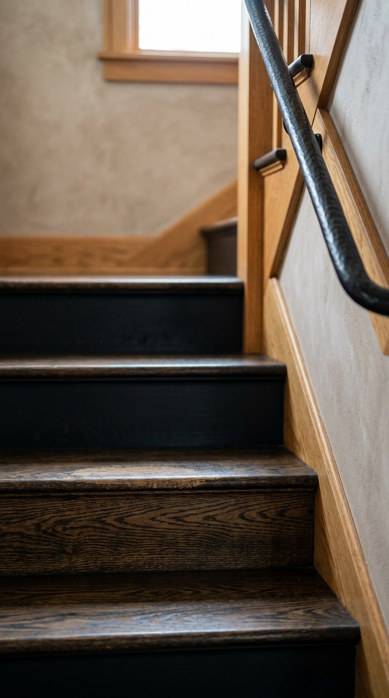 Ebony-stained oak treads with visible grain on a black staircase in a bungalow