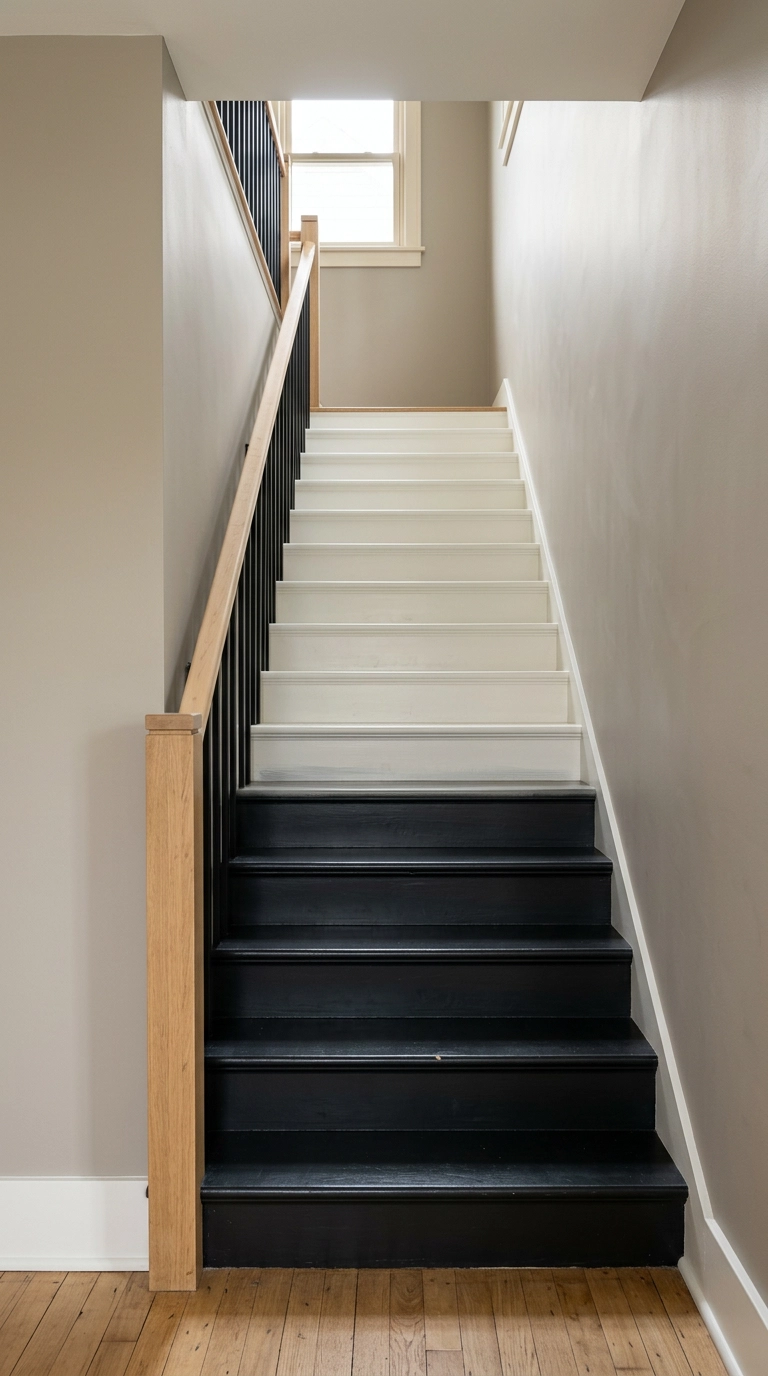 Two-tone staircase with black lower treads fading to white upper treads in a tall hall