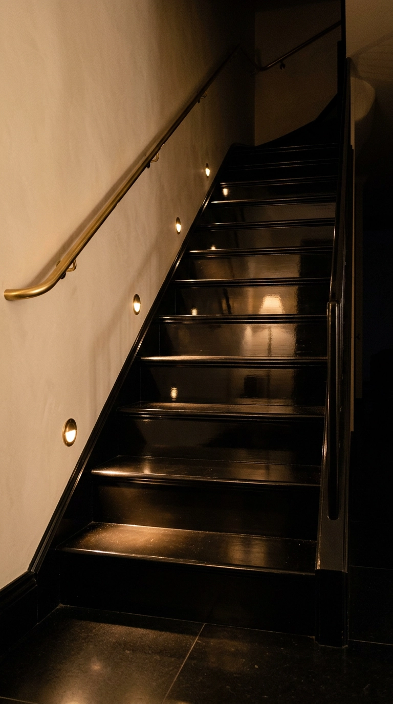 High-gloss black lacquered staircase lit by warm recessed step lights at night